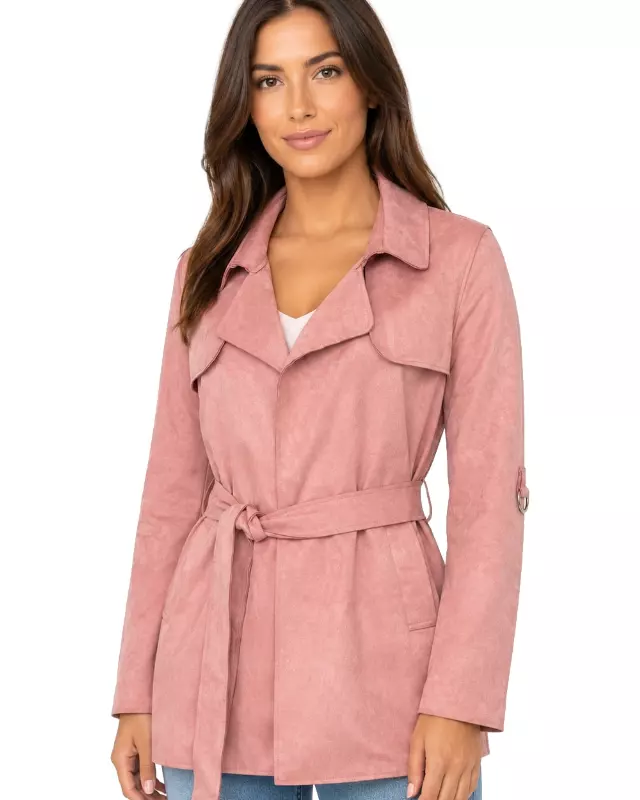 Ladies' Long Faux Suede Trench Coat #U21 — Mauve / S-M-L-XL