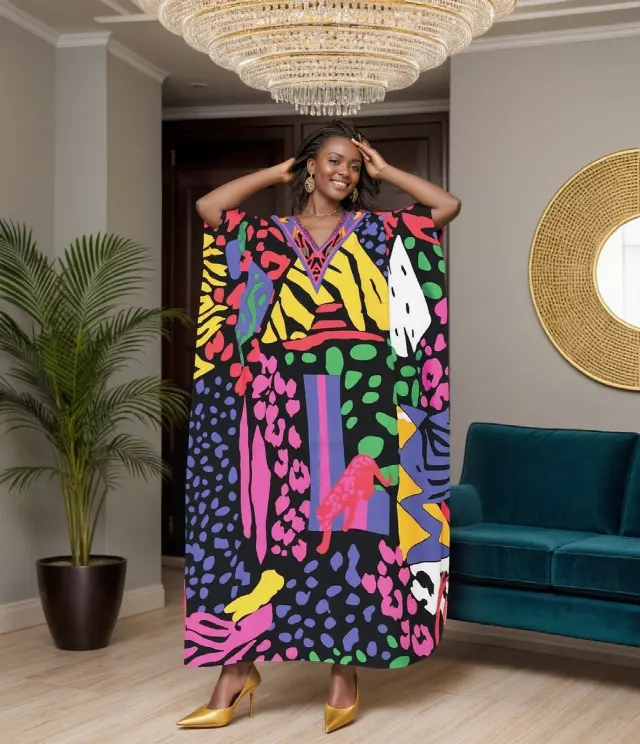 PNA-1602- Women's Comfy Kaftan Dress with Headwrap- One Size (6-PCS PRE-PACK) - $7 Each — One Size (4-24) / Print-1602A