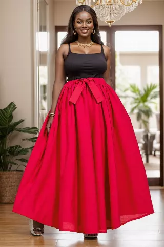 7001S - 8 Panel Solid Color Skirt - Authentic African Wax (3-PCS PRE-PACK)- $25 Each — One Size (4-18) / RED / 3-Pcs Per Pack
