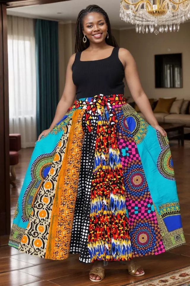 7001AM - Multi Panel African Print Skirt - Authentic African Wax (3-PCS PRE-PACK) - $25 Each