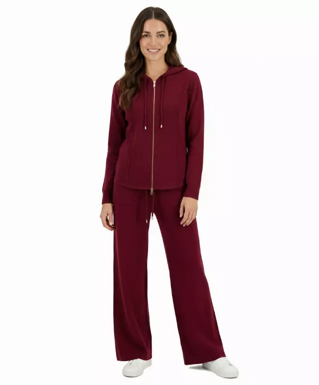 Knit Zip-Up Hoodie & Wide-Leg Lounge Set #104 — Burgundy / S/M-L/XL