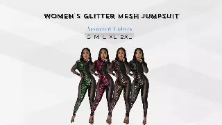 Chicaluv Wholesale - Women's Glitter Mesh Jumpsuit – Shiny Sequin Bodycon Long Sleeve Club Outfit XV946