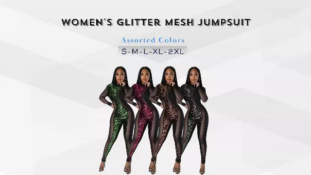 Chicaluv Wholesale - Women's Glitter Mesh Jumpsuit – Shiny Sequin Bodycon Long Sleeve Club Outfit XV946