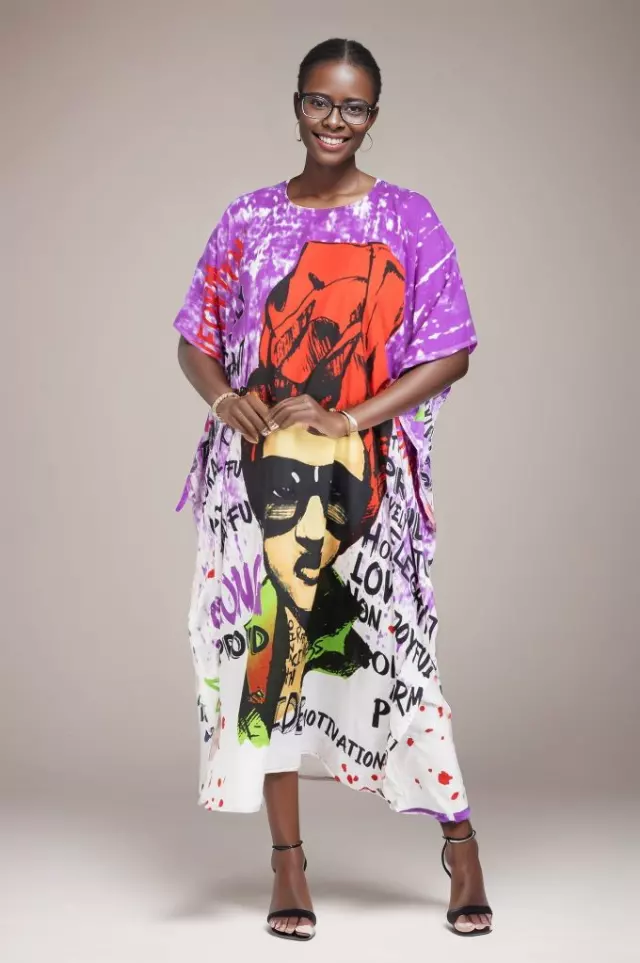 PNA-1436 Women's Long Verbiage Digital Print Long Kaftan Dress - One Size (6-PCS PRE-PACK) - $7 Each