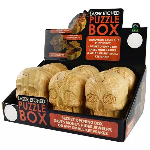 Wood Skull Puzzle Storage Box - 6 Pieces Per Retail Ready Display 23229