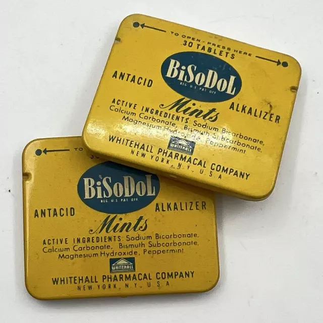 Vintage BiSoDol Mints Antacid Metal Tin Lot of 2 Whitehall Pharmacal Display