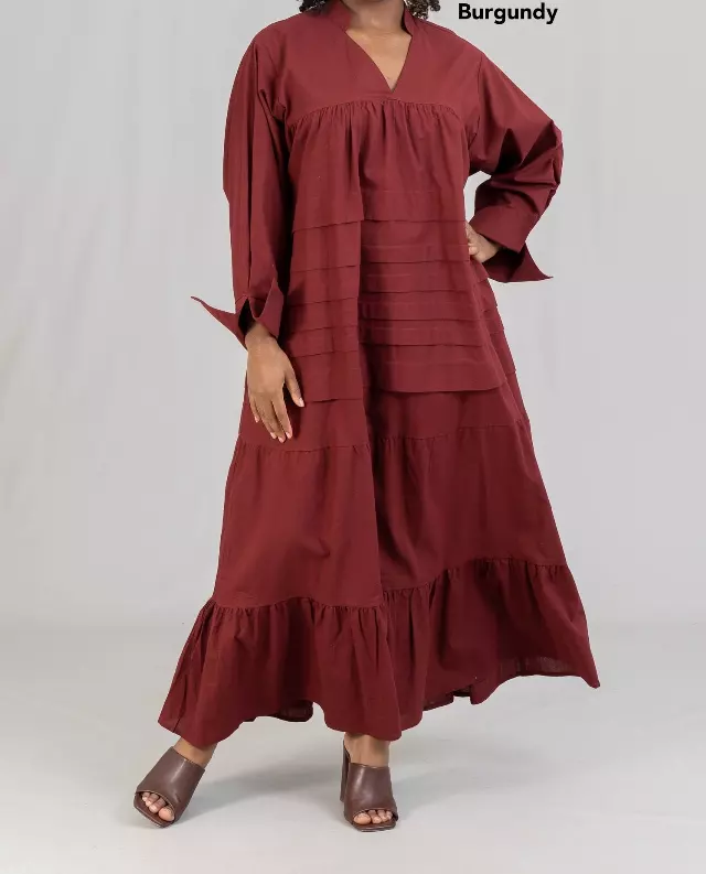 7581S - 100% COTTON SOLID COLOR PLEATED BOTTOM FRILL MAXI DRESS (3 PCS PRE-PACK) - $30.00 EACH — One Size (4-24) / Maroon