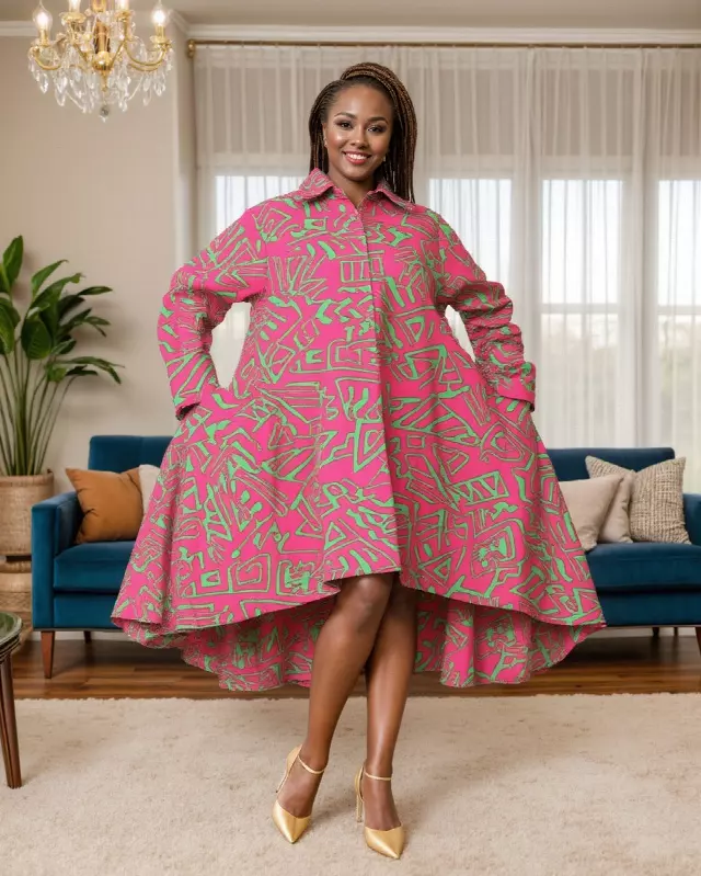 7042 - Button Down Shirt Dress in High Low Style (3 PCS PRE-PACK) - $25.00 Each — One Size (4 - 26)) / Print-606A