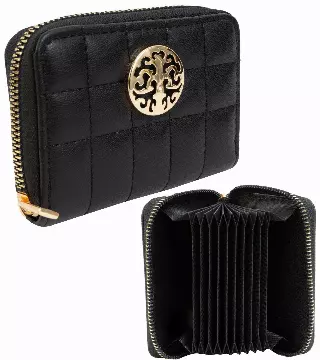 Rebecca & Rifka Smooth Boxed Quilt Medallion Zip Accordion Wallet — BK/GD