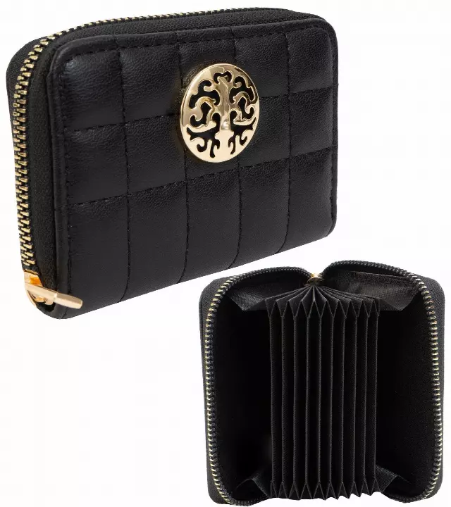 Rebecca & Rifka Smooth Boxed Quilt Medallion Zip Accordion Wallet — BK/GD