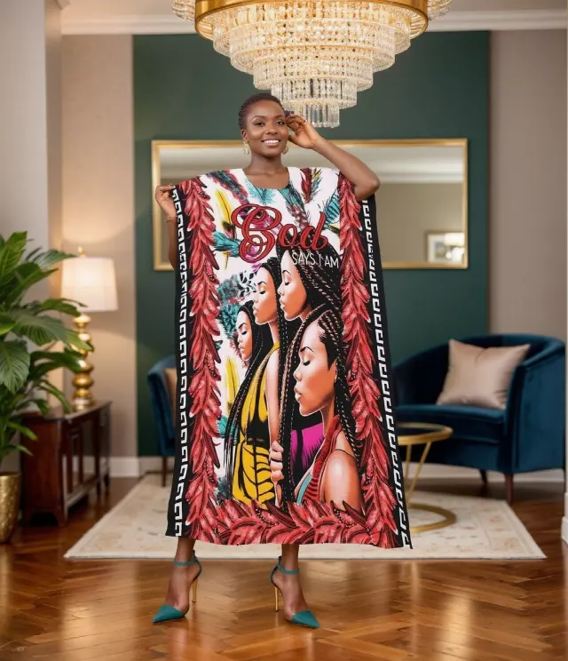 PNA-1614 - Women's Comfy Kaftan Dress with Headwrap- One Size (6-PCS PRE-PACK) - $7 Each — One Size (4-24) / Print-1614C