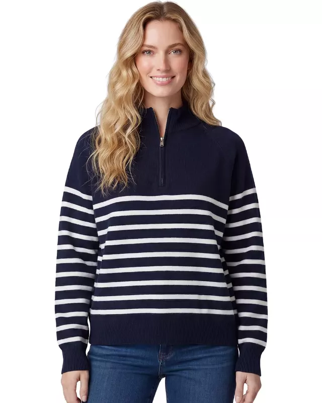 Ladies Quarter Zip Striped Sweater #03 — Black / S/M-L/XL