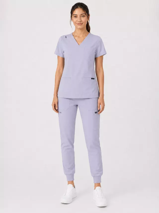 Kayla | V-neck Top and Multi-Pocket Jogger Set — Glacial Blue / XS
