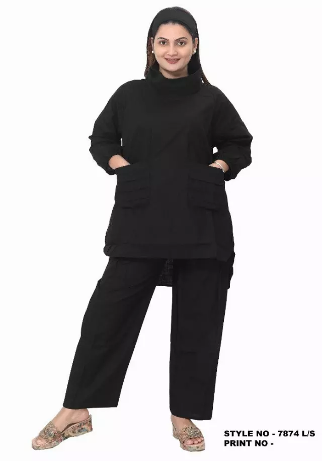 7874 L Linen 2pc Pant Set Round Cowl Neck Authentic African Design - $25 Each (3 pcs per pack) — One Size / Black