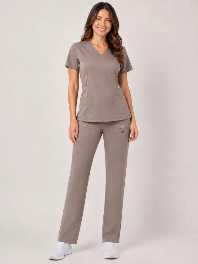 Vivian | 6-Pocket Top and Snap Pocket Straight Leg Pant Set — Taupe / S