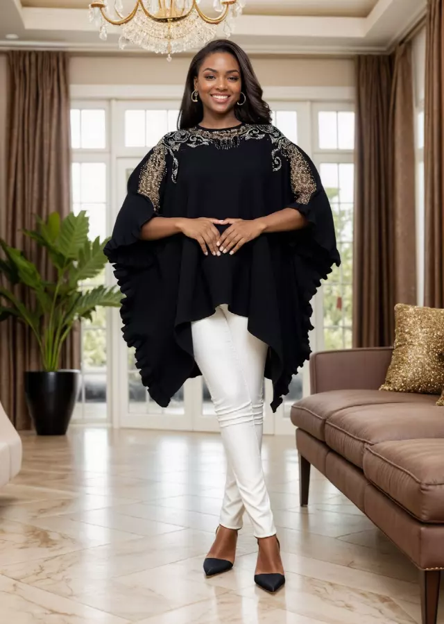 25021 - Women's Embellished Soft-Feel Poncho - $49.00 Each — Free Size / Black