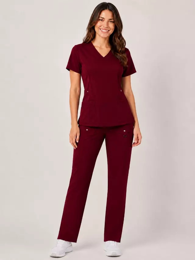 Vivian | 6-Pocket Top and Snap Pocket Straight Leg Pant Set — Crimson / XL