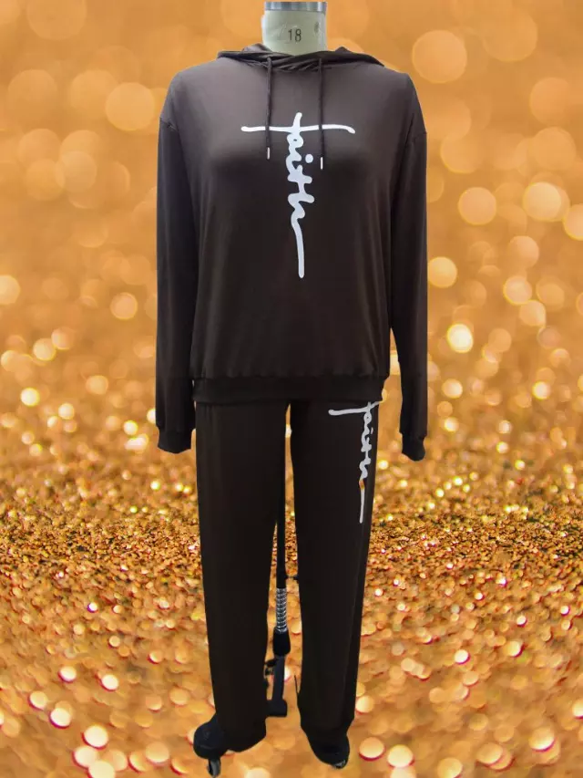 22125 -2 pcs Faith Jogging Suit -Lots of Colors Available- $25.00 Set (3 pcs per pack) — Plus - 1X 2X 3X / Chocolate