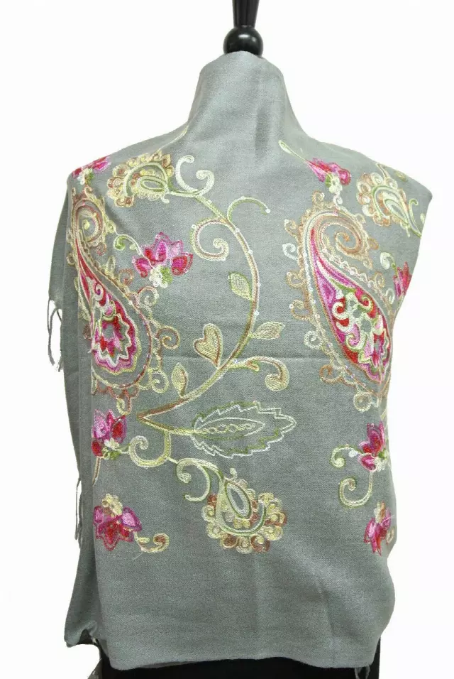 G105 Embroidered Floral Sequin Pashmina — Grey