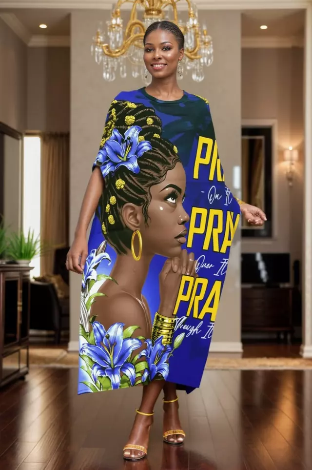 PNA-1635 - Women's Comfy Kaftan Dress with Headwrap- One Size (6-PCS PRE-PACK) - $7 Each — One Size (4-24) / Print-1635B