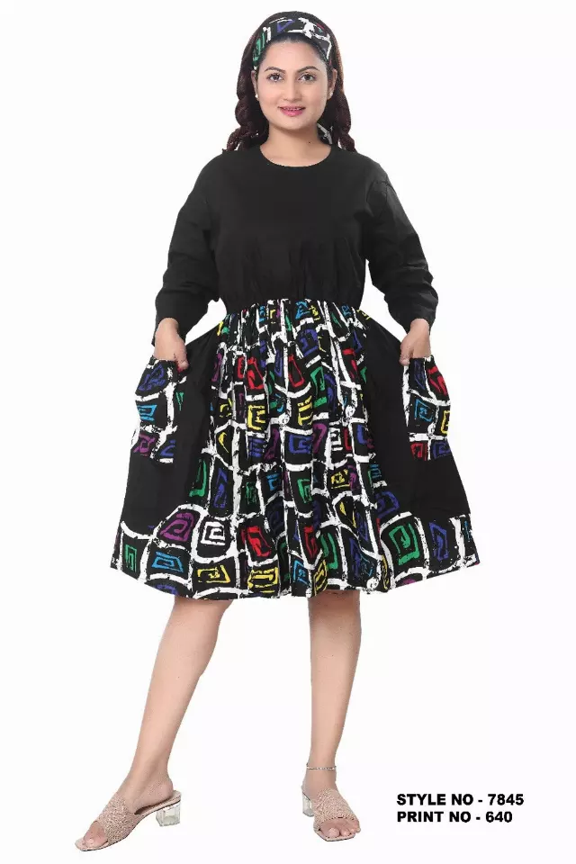 7845 - Women's Duo-Tone Solid & African Printed Dress | Round Neckline | Long Sleeves - $20.00 Each — Free Size / Print-640