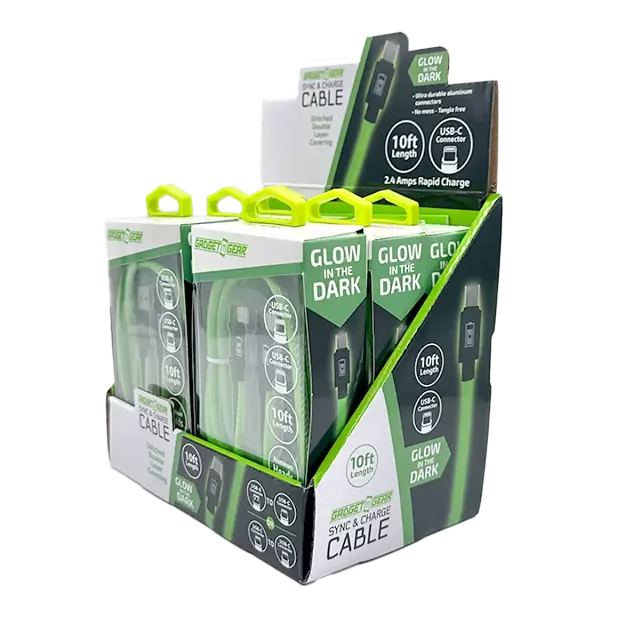 Charging Cable Glow in The Dark Assortment 10FT - 6 Pieces Per Retail Ready Display Kit 88589