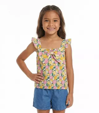 GIRLS PINK Woven Top with Bow and Denim Short Set - 2166204