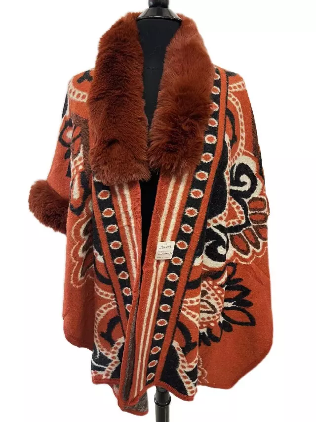 TX501 Faux Fur Pattern Cape — Orange