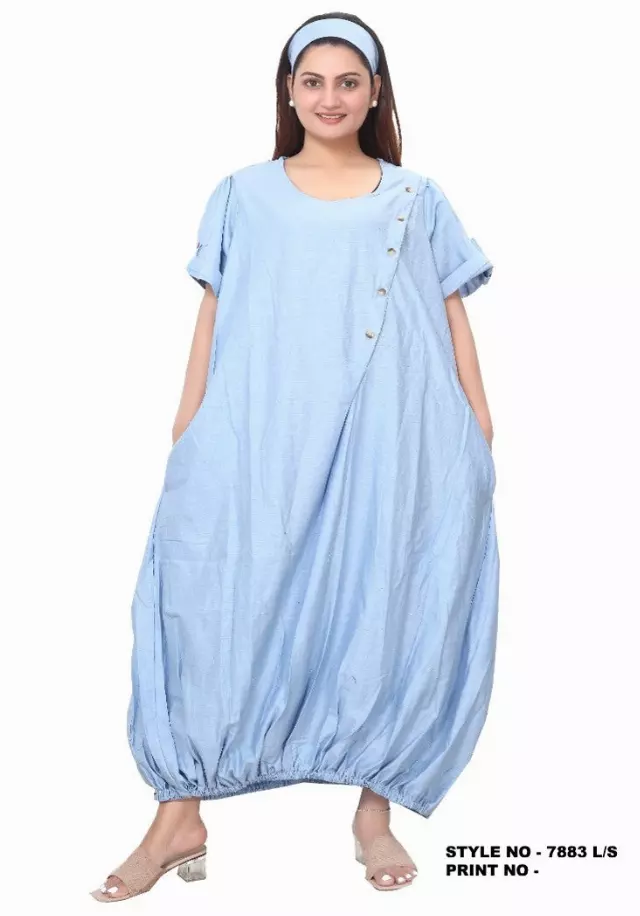 7883 L -Ankle Length Baggy Solid Maxi Dress - $25.00 Each (3 pcs per pack) — Free Size / Light Blue