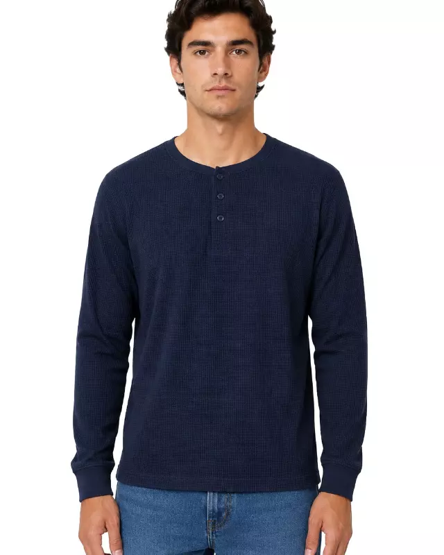 Men's Thermal Top Henley Neck #TH2 — Navy / S-M-L-XL