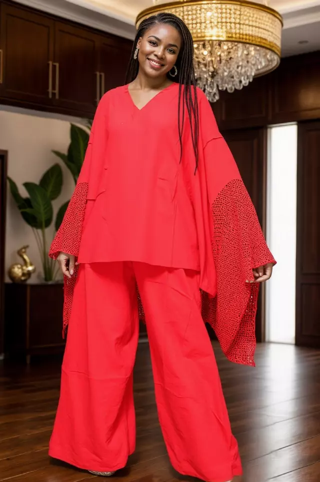 7866 L Authentic African Print Linen & Crocket 2pc Pant Set - $35 Each (3 pcs per pack) — One Size / Print-1303B