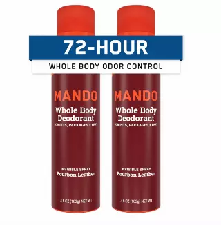 Mando Whole Body Deodorant For Men – Invisible Spray Deodorant – 72 Hour Odor Control – Low Irritation Formula – Aluminum Free, Benzene Free – 3.6 ounce Cans (Pack of 2) – Bourbon Leather