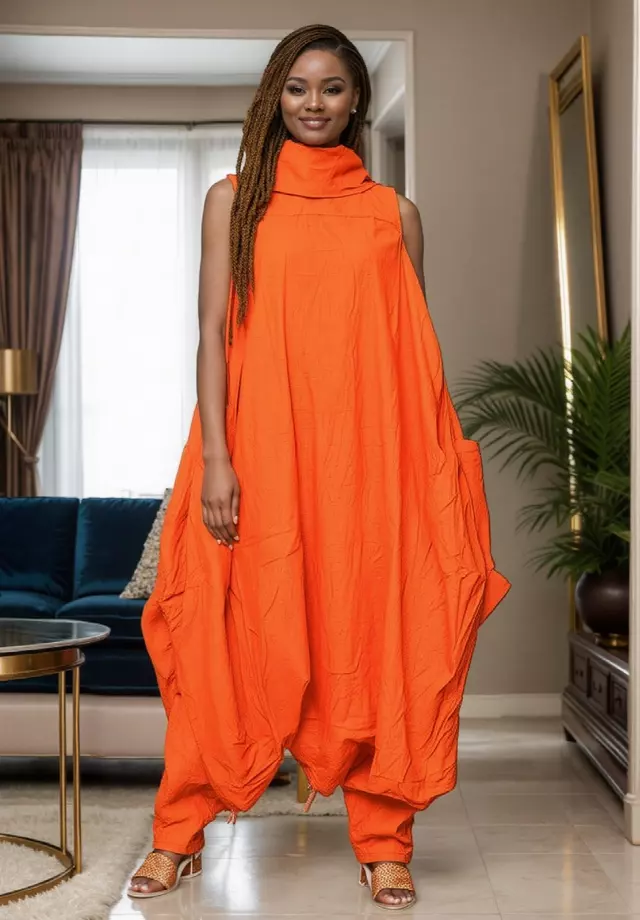 251 L - Linen Cowl Neck African Wax Jumpsuit/Dress (3 PCS PRE-PACK) - $30 Each — One Size (4 - 26) / Orange