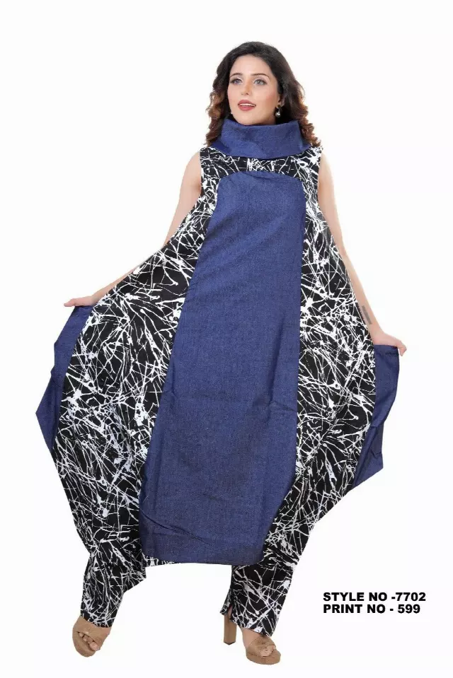 7702 - Mixed Denim and Print Cow Neck Jumpsuit/Dress (3 PCS PRE-PACK) - $35 Each — One Size (4 - 26) / Print-599
