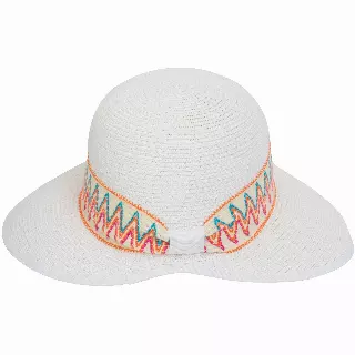 Magid Printed Ribbon & Frayed Brim Straw Garden Hat — WHITE