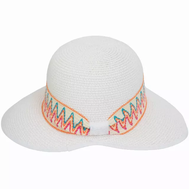 Magid Printed Ribbon & Frayed Brim Straw Garden Hat — WHITE