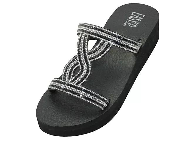 W633L - Women's "Easy USA" Rhinestone Upper Wedge Sandals — Black/Silver (W633L-BS) / 5-10 Assorted