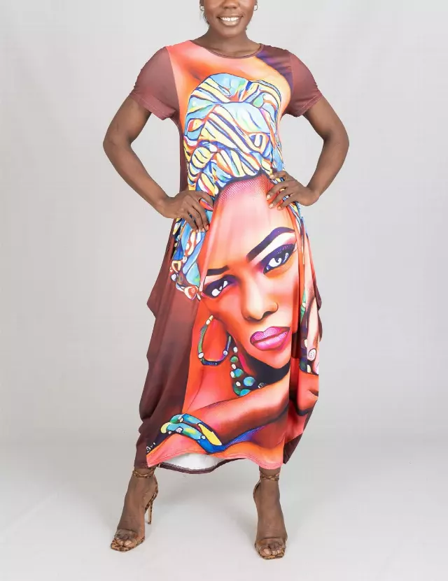 23038- Women's Plus Size Maxi Dress Digital Face-Print Knit Maxi Dress - One Size (3-PCS PRE-PACK) ($20.00 Each)