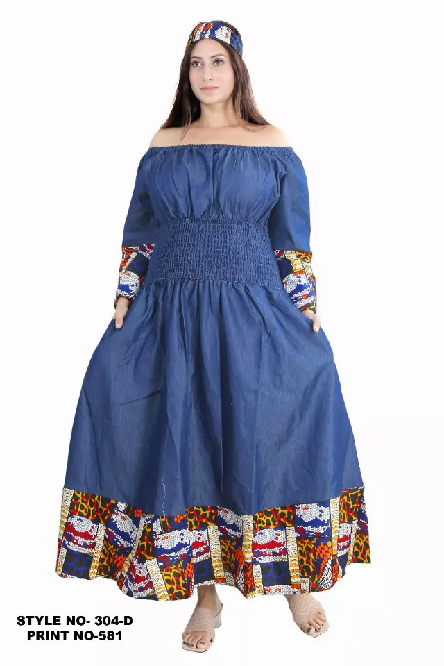 304AD - ON SALE!! Off-shoulder Denim Print Smocked Waist Dress - $15.00 Each — Free Size / Print-581