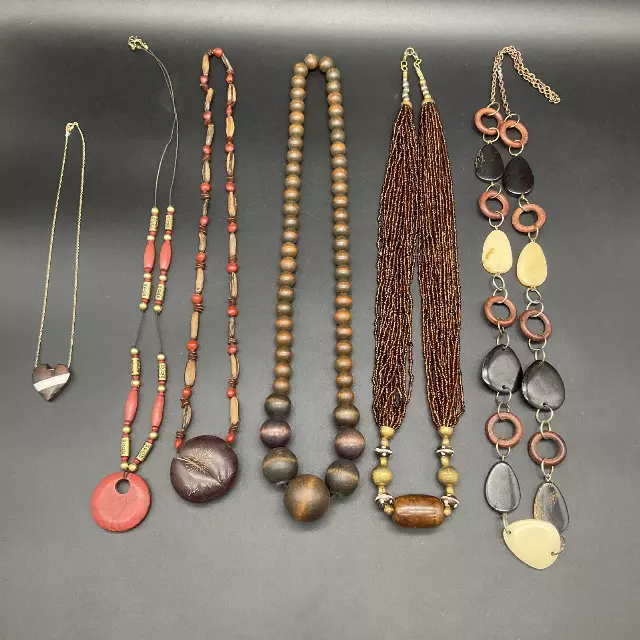 Boho Tribal Mixed Costume Jewelry Lot 6 Necklaces Wood Seed Bead Organic Style