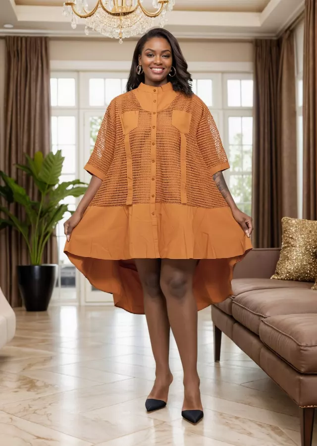 26048 -Mesh Fabric Hi-Low Dress - $25.00 Each (3 pcs per pack) — Free Size / Rust