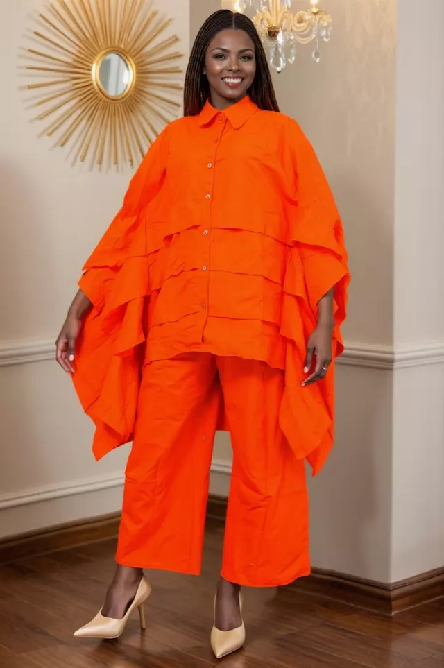 7895S Solid Color 2pc Pant Set (Long Bat Sleeves) - $30.00 Each (3 pcs per pack) — Free Size / Orange