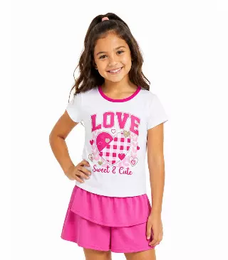 GIRLS PINK Closed Mesh Love Heart Screen Top And Ruffle Skirt W Short Inside - 2445702