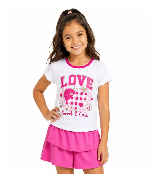 GIRLS PINK Closed Mesh Love Heart Screen Top And Ruffle Skirt W Short Inside - 2445702