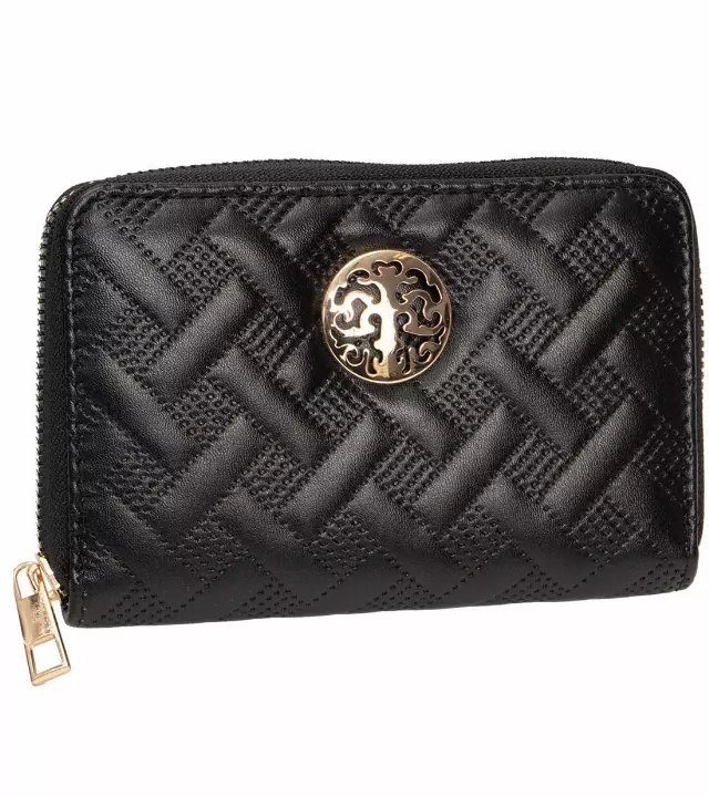 Rebecca & Rifka Smooth Basket Weave Quilt Medallion Zip Indexer Wallet — BK/GD