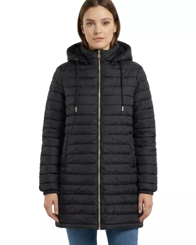 Women’s Longline Hooded Puffer Jacket with Sherpa Lining #22 — Black / S-M-L-XL