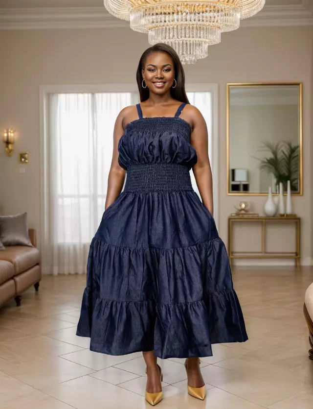 7824D - Women's Smoked Shoulder & Waist Spaghetti Strap Denim Dress - (3/pk) - Free Size - $20.00 Each