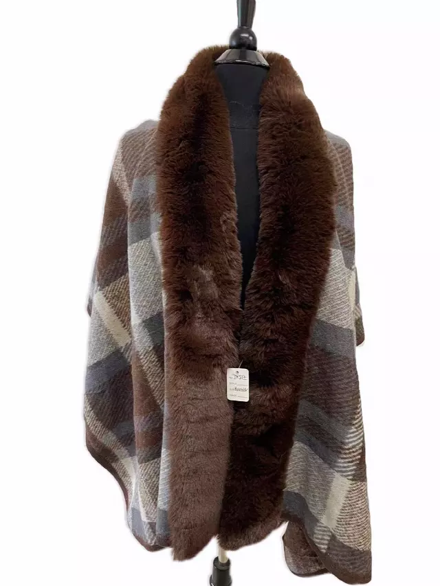 TX512 Faux Fur Plaid Cape — Brown