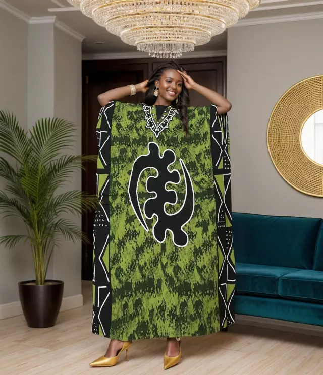 PNA-1612 - Women's Comfy Kaftan Dress with Headwrap- One Size (6-PCS PRE-PACK) - $7 Each — One Size (4-24) / Print-1612C