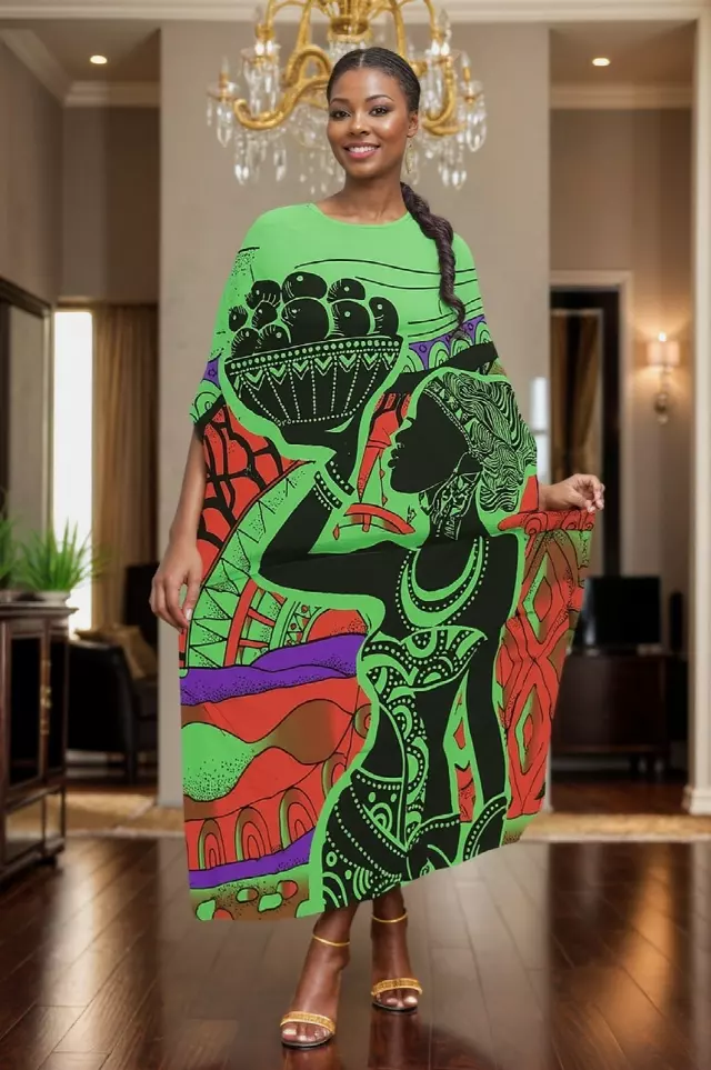 PNA-1630 - Women's Comfy Kaftan Dress with Headwrap- One Size (6-PCS PRE-PACK) - $7 Each — One Size (4-24) / Print-1630B